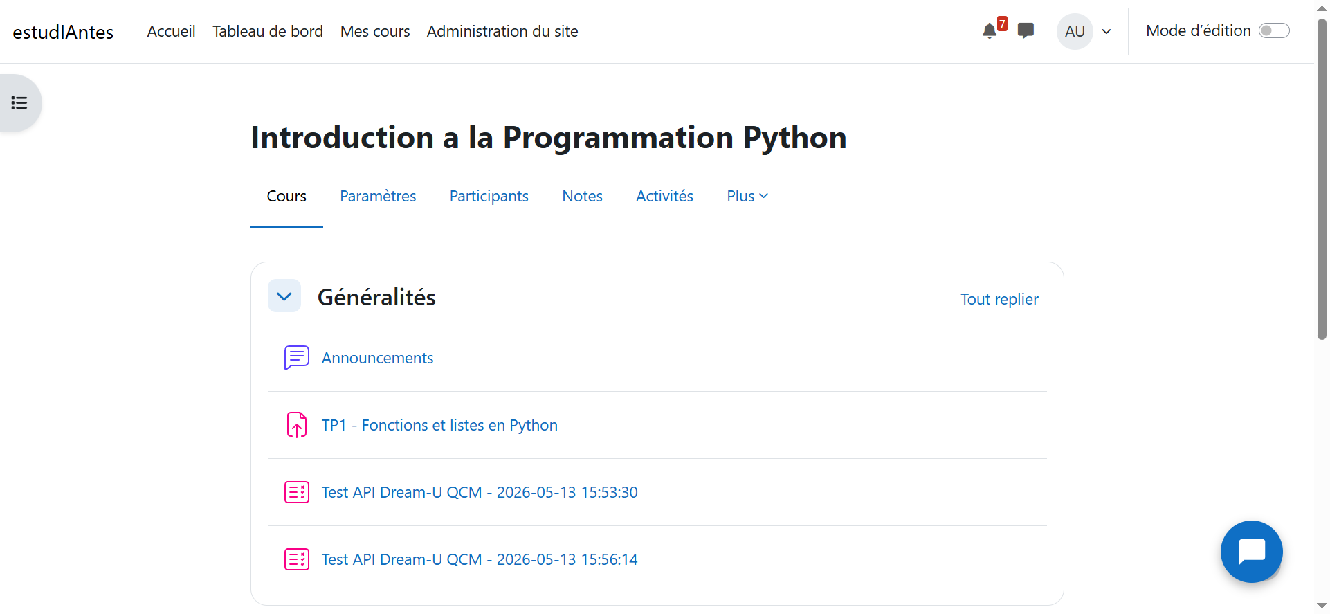 Widget chat sur la page du cours