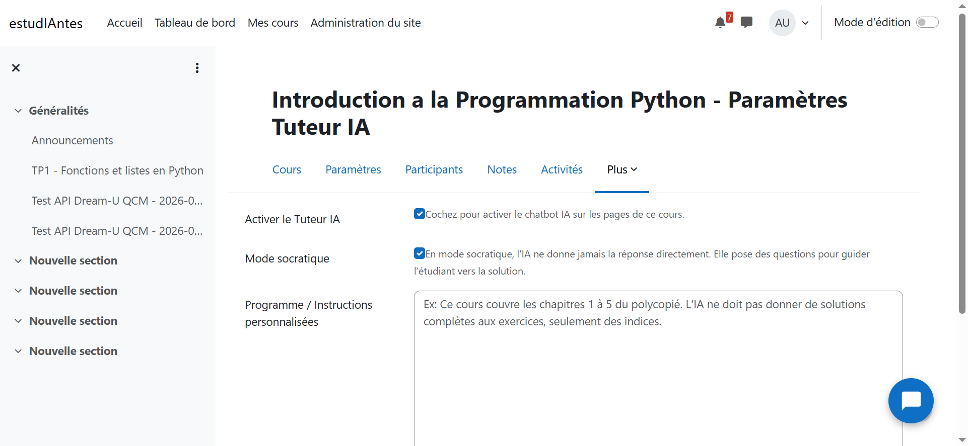 Page de paramètres du cours