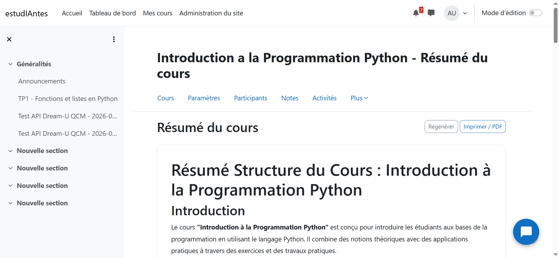 Résumé de cours généré par IA