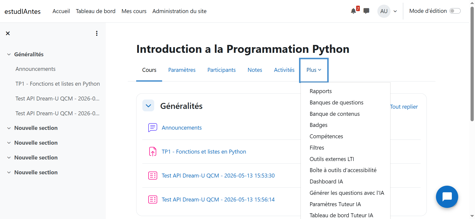 Menu Plus avec les liens Tutor IA