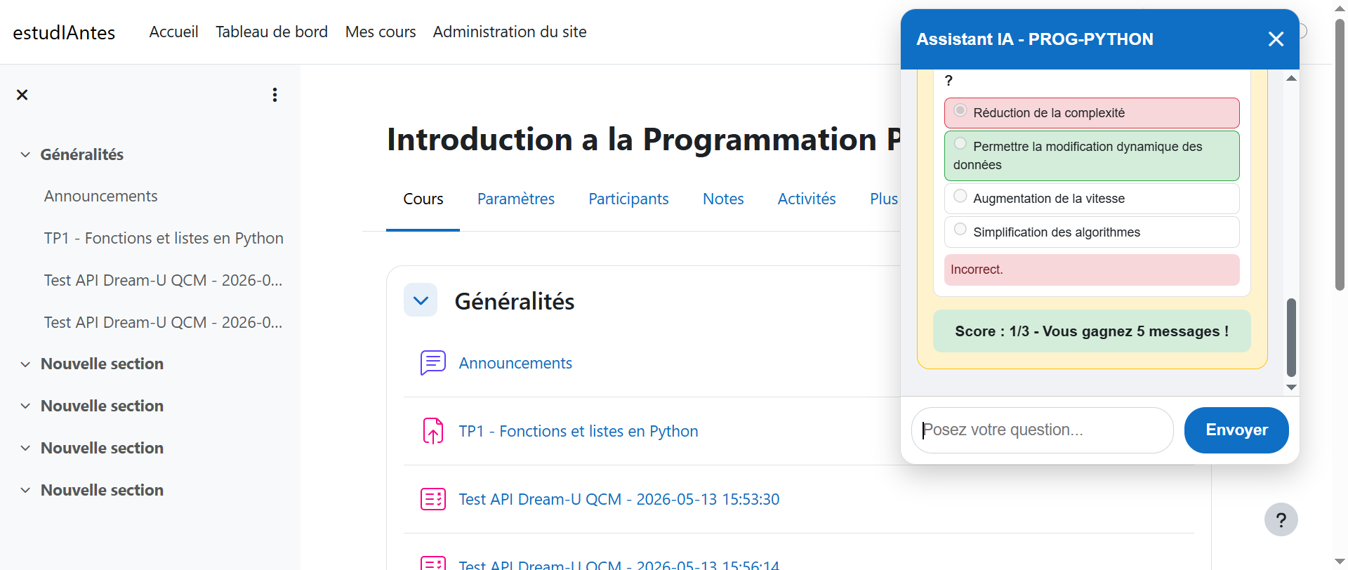 Score et tokens gagnes